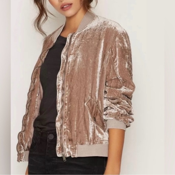 Free People Crushed Velvet Jacket Bomber Jacket Ruched Beige Tan Taupe XS - Picture 6 of 16